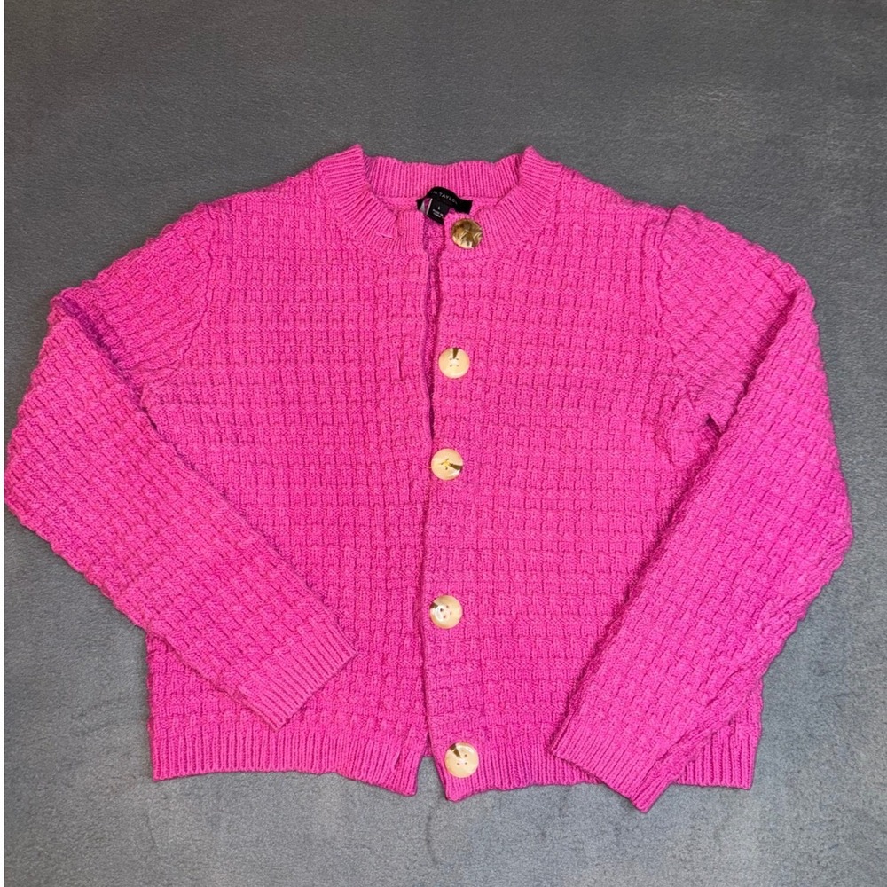 Ann Taylor Hot Pink waffle Knit Cardigan  button front  Grandmacore Cottage L - Picture 2 of 13